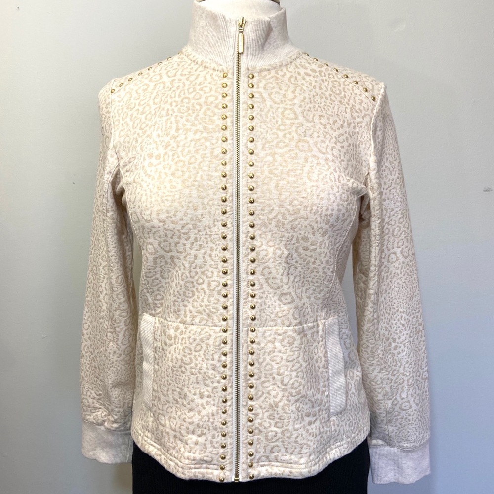 Ruby Rd. Leopard Print Tan Studded Knit Jacket - image 1
